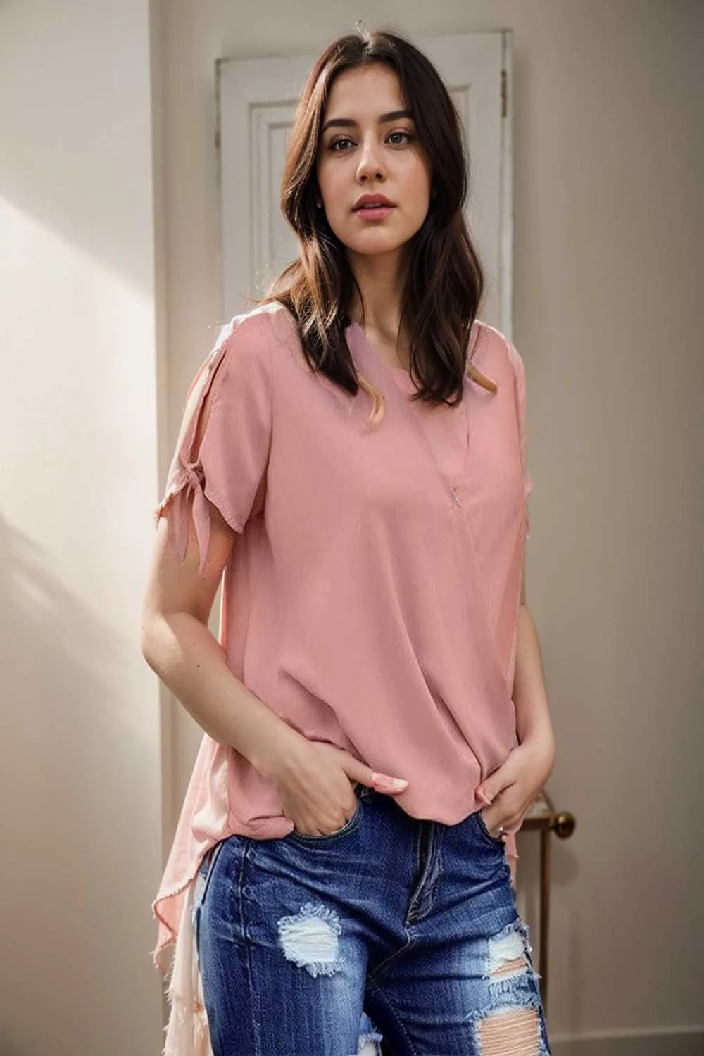 women s blouses loose solid belted long sleeve blouse