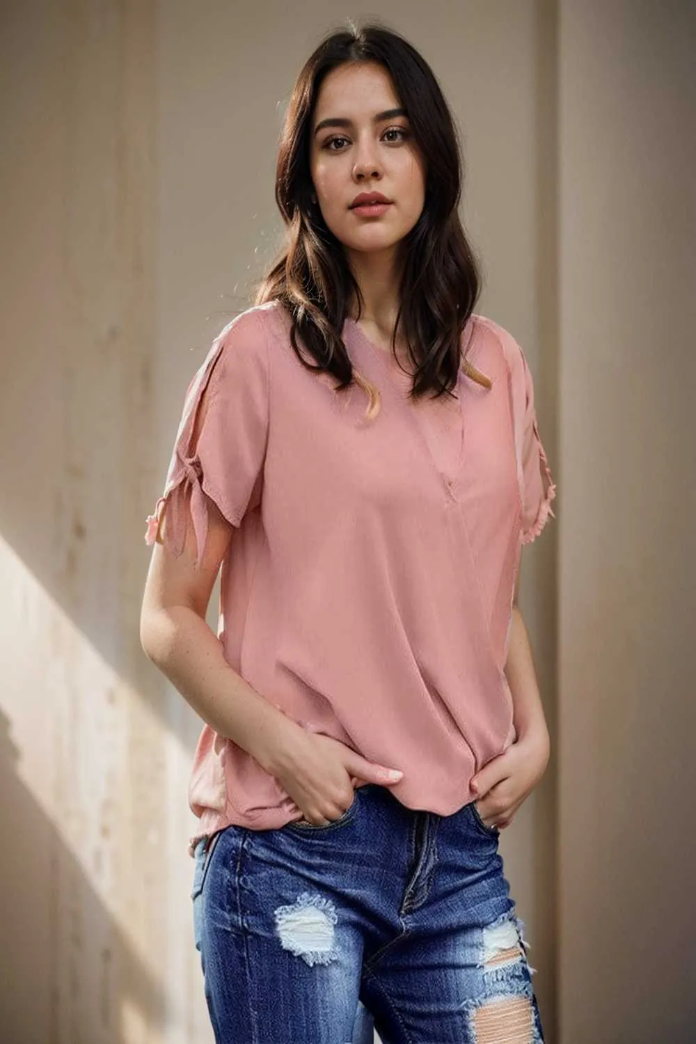 women s blouses loose solid belted long sleeve blouse
