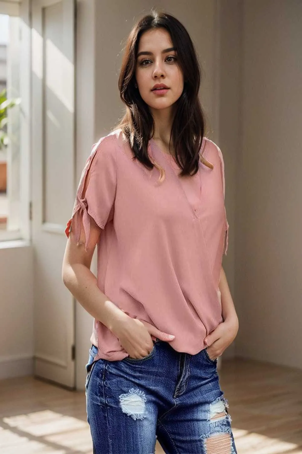 women s blouses loose solid belted long sleeve blouse