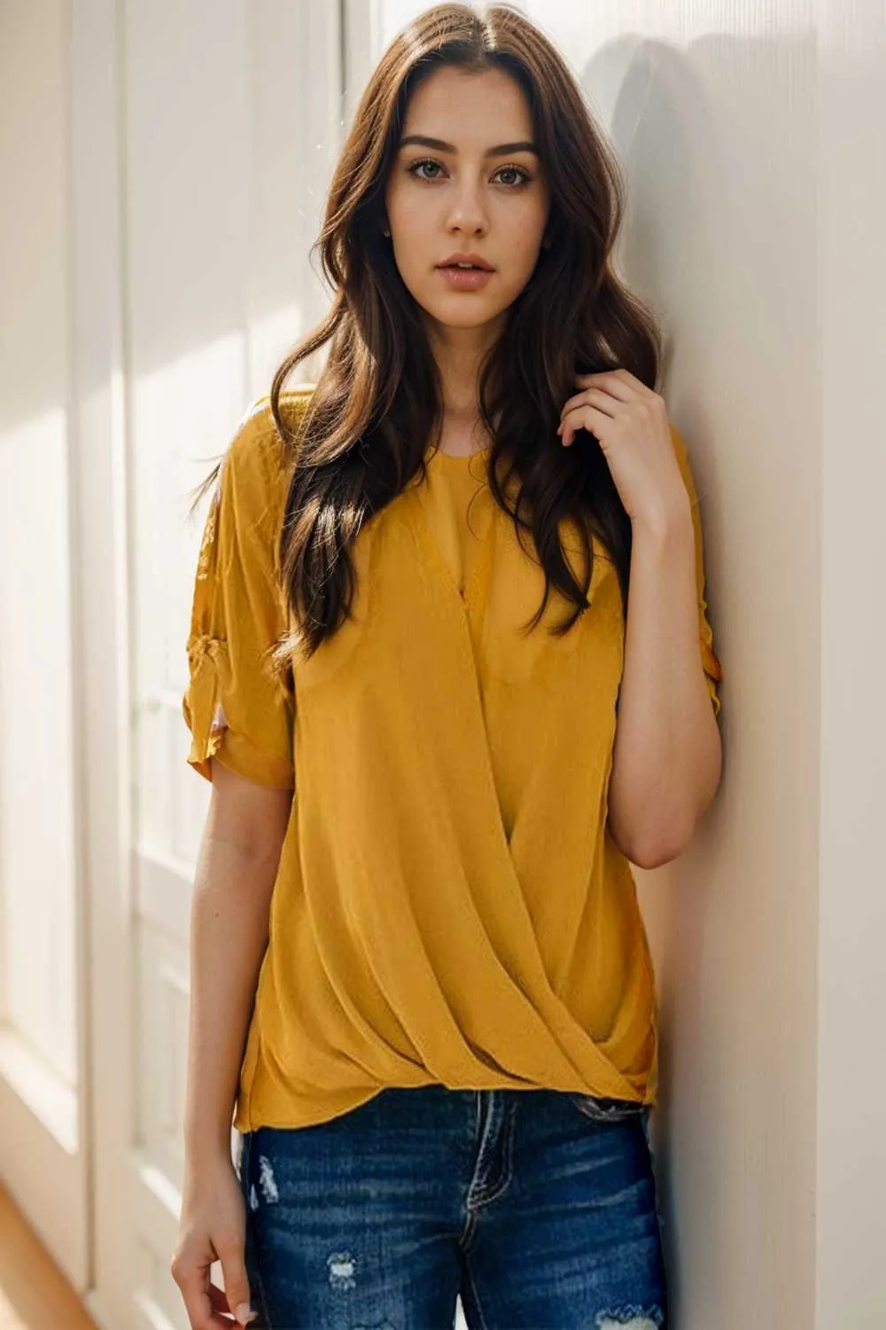 women s blouses loose solid belted long sleeve blouse