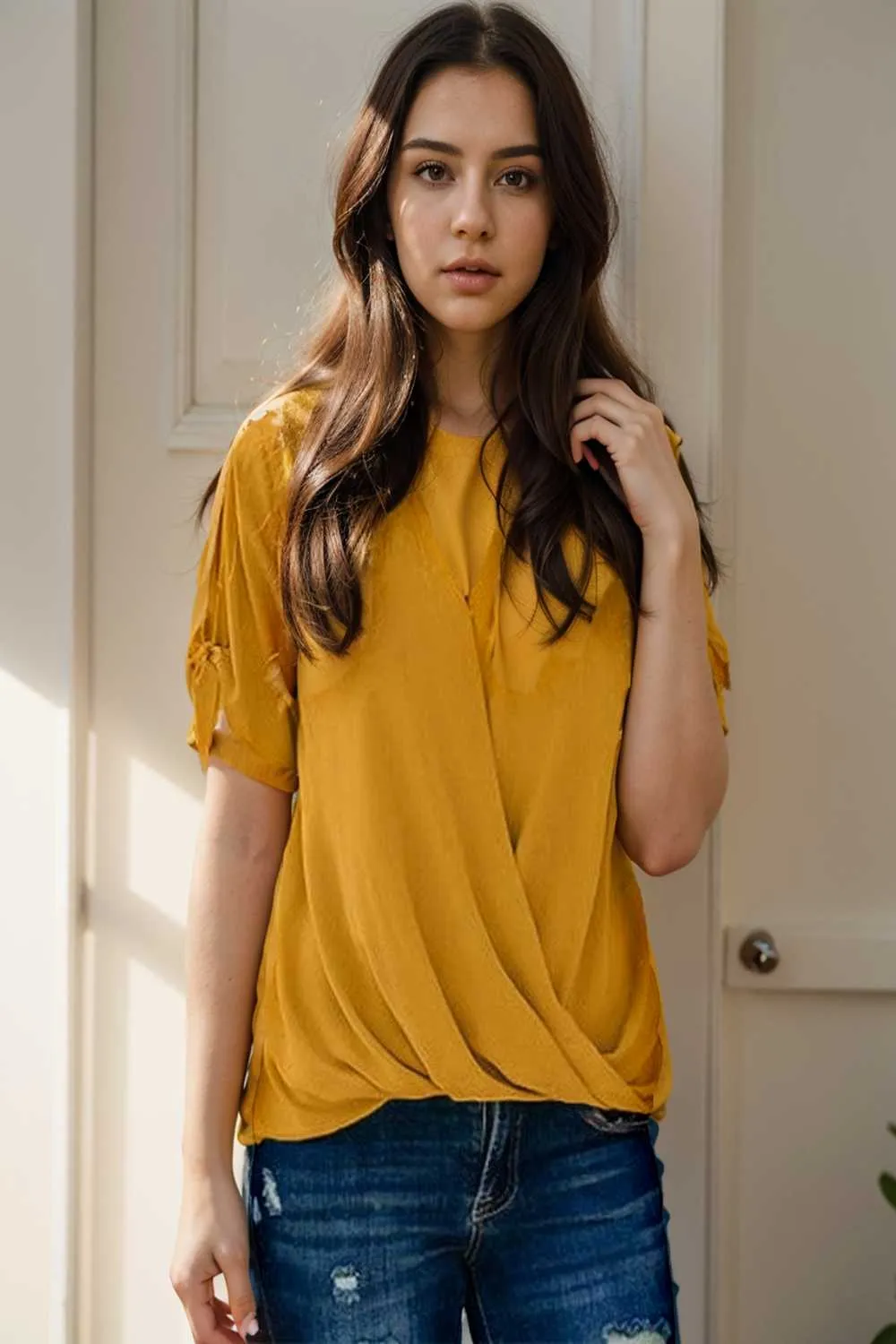 women s blouses loose solid belted long sleeve blouse