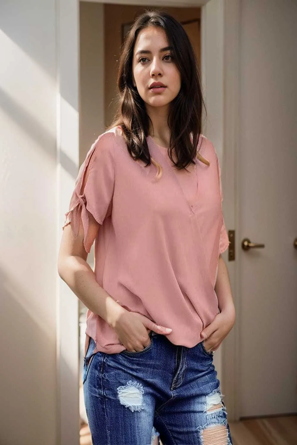 women s blouses loose solid belted long sleeve blouse