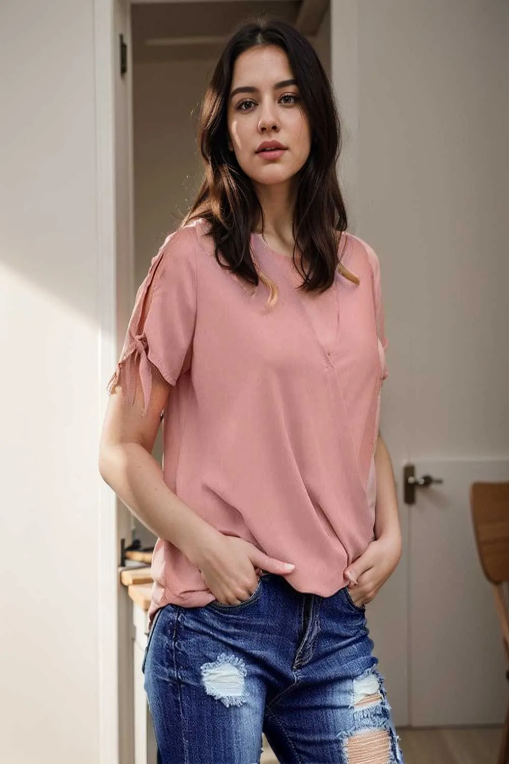 women s blouses loose solid belted long sleeve blouse