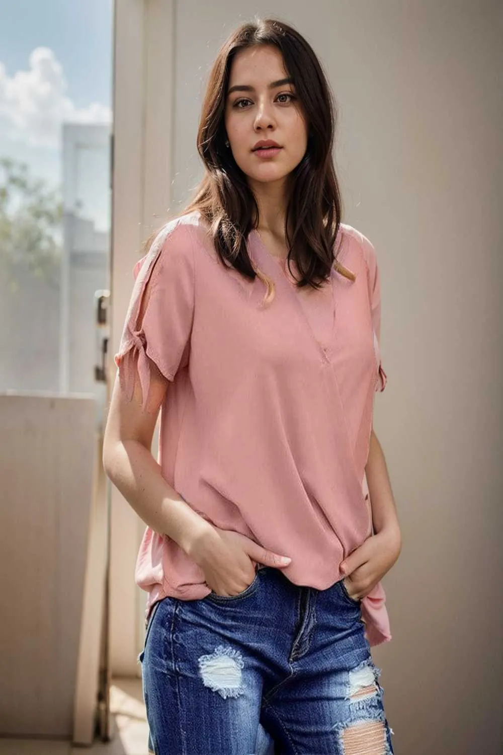 women s blouses loose solid belted long sleeve blouse