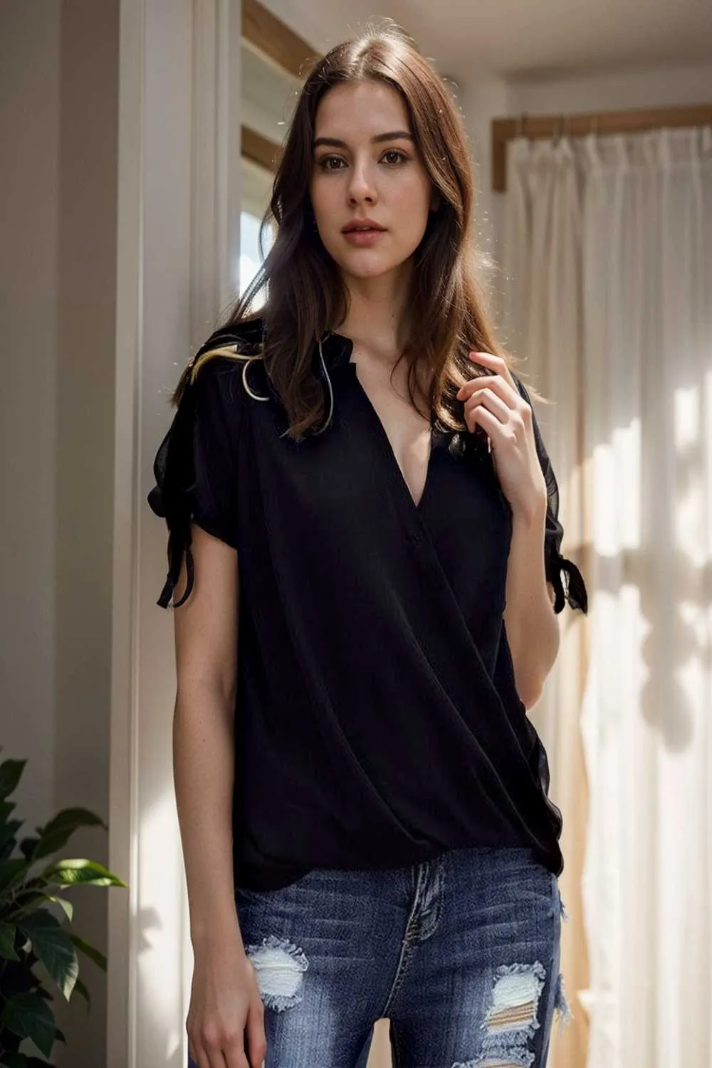 women s blouses loose solid belted long sleeve blouse