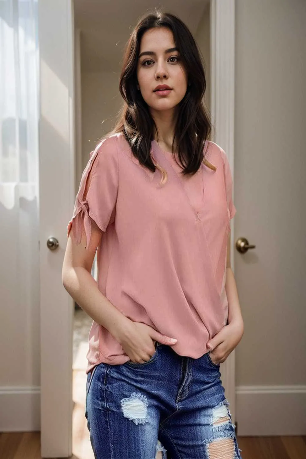 women s blouses loose solid belted long sleeve blouse