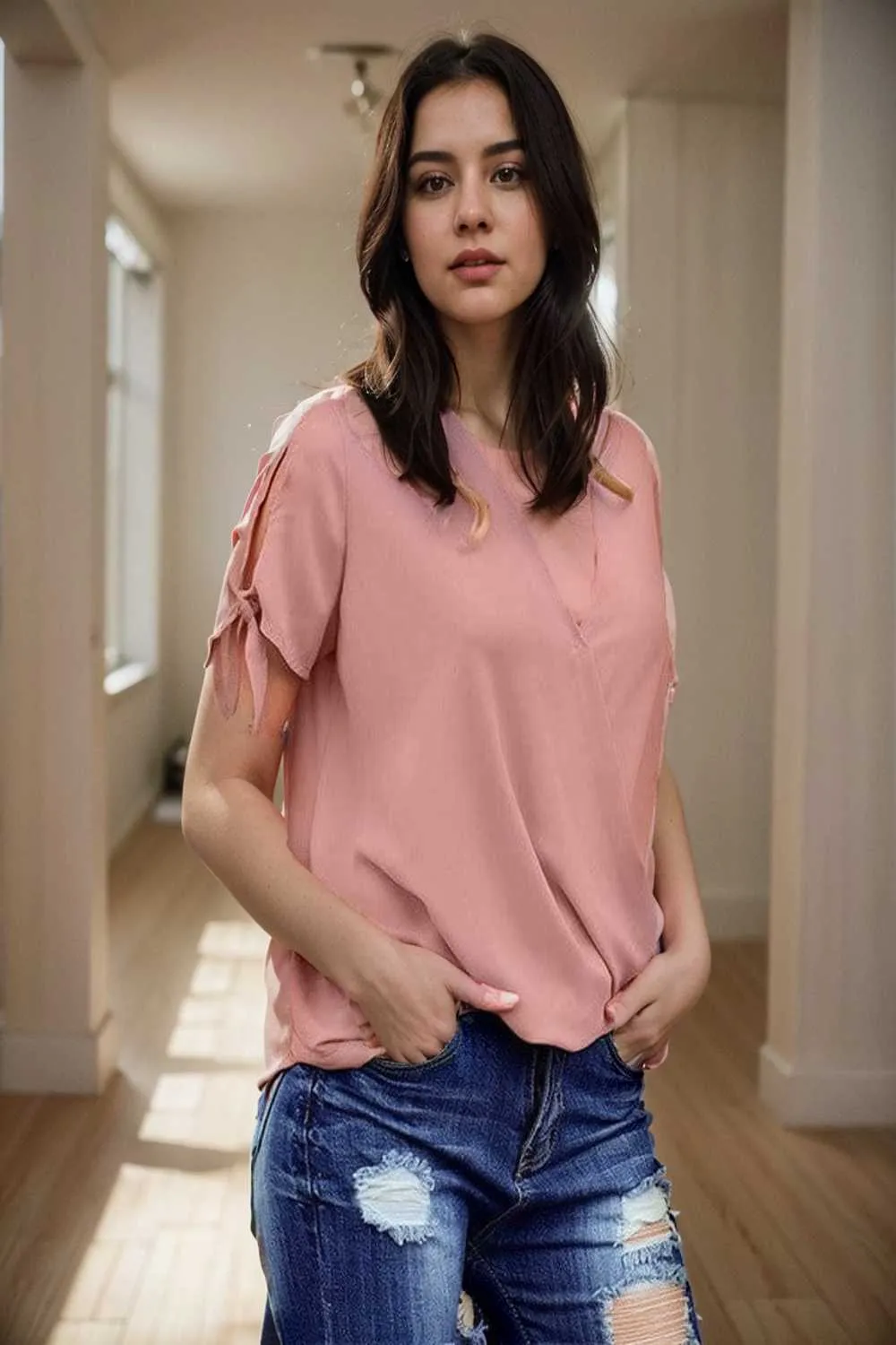 women s blouses loose solid belted long sleeve blouse