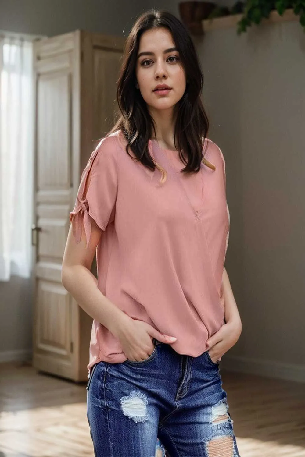 women s blouses loose solid belted long sleeve blouse