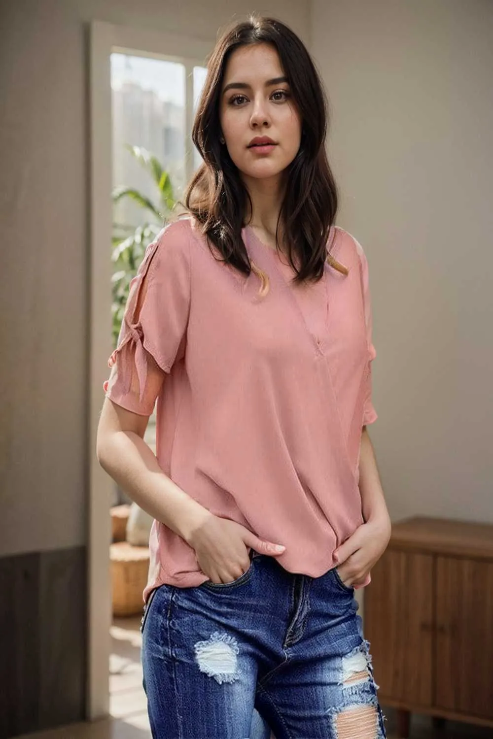 women s blouses loose solid belted long sleeve blouse
