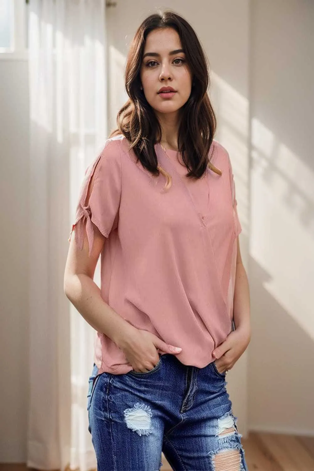 women s blouses loose solid belted long sleeve blouse