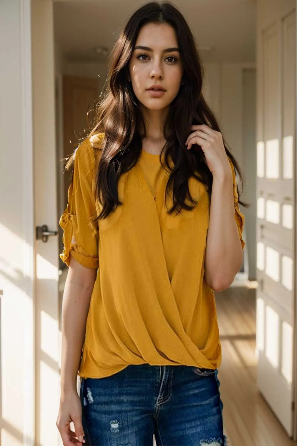 women s blouses loose solid belted long sleeve blouse