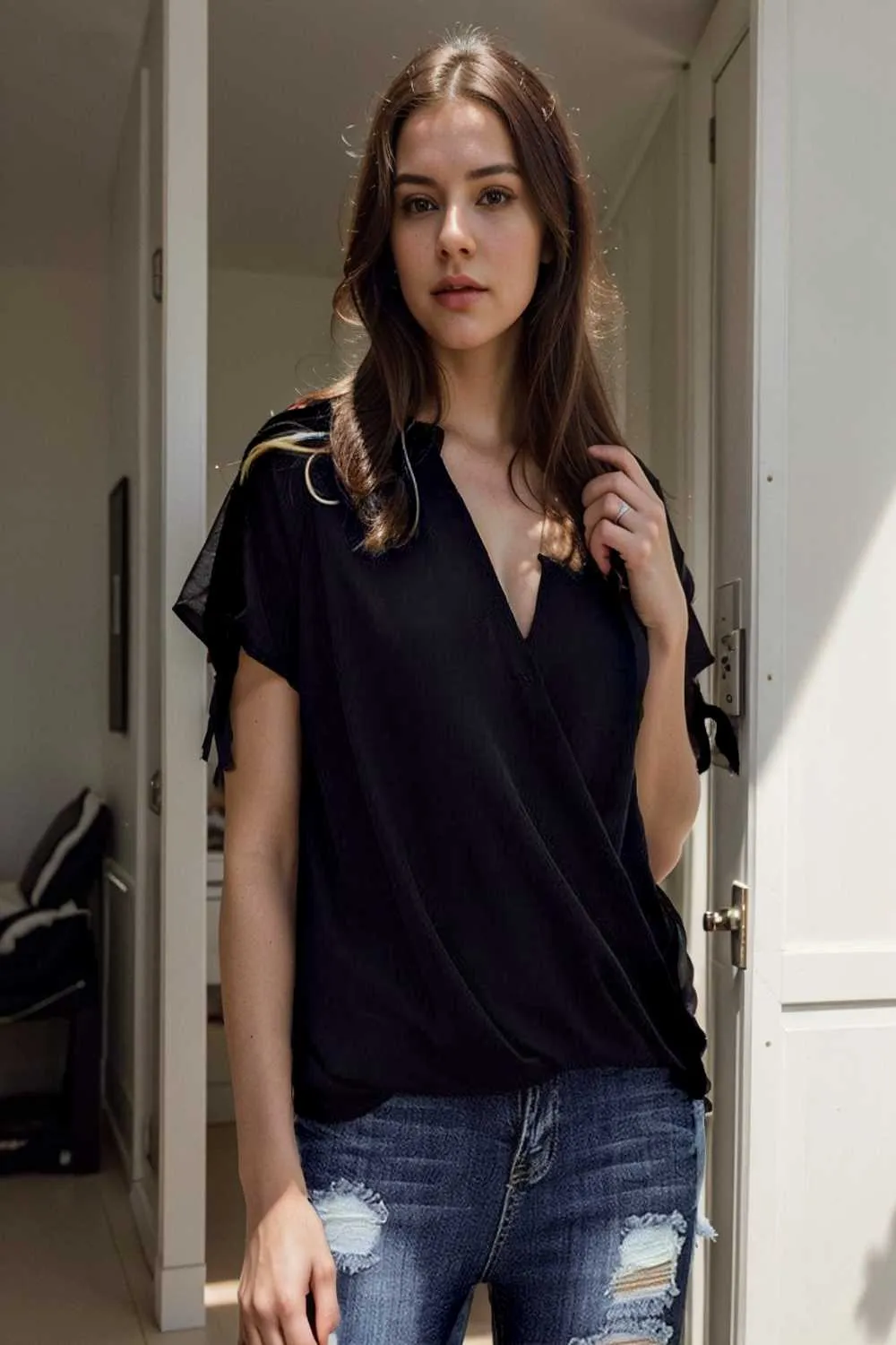 women s blouses loose solid belted long sleeve blouse