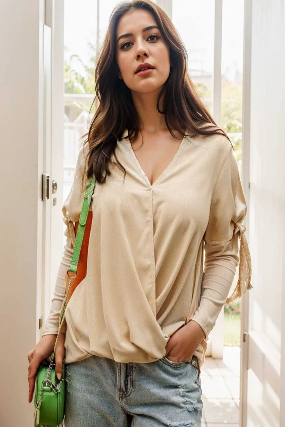 women s blouses loose solid belted long sleeve blouse
