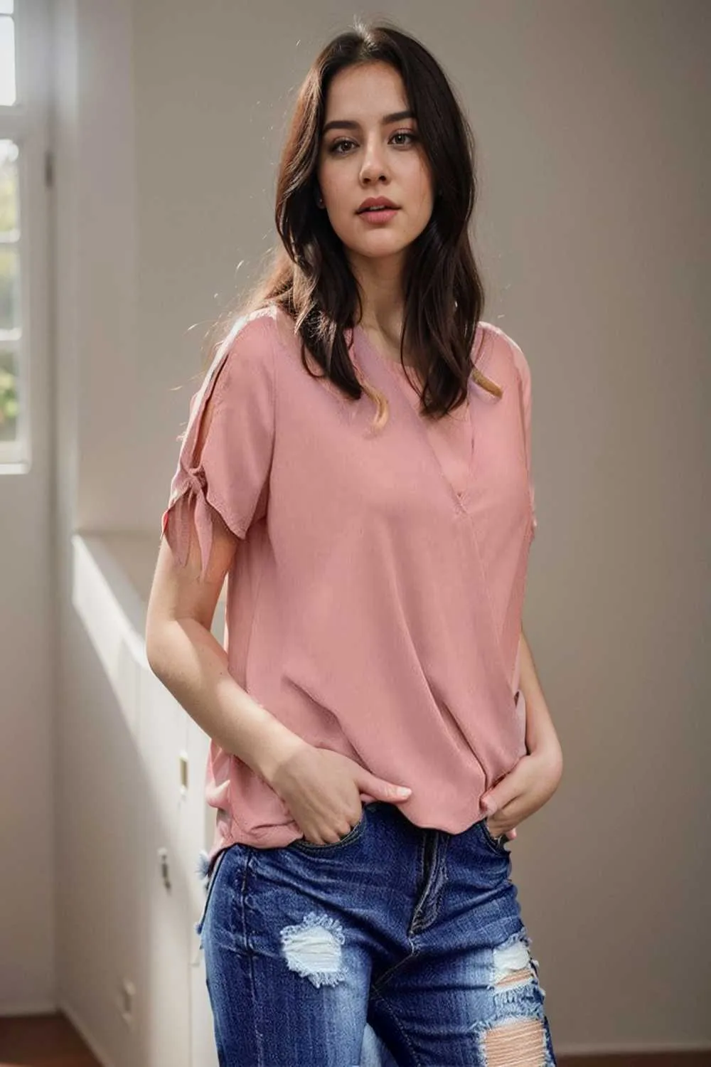 women s blouses loose solid belted long sleeve blouse