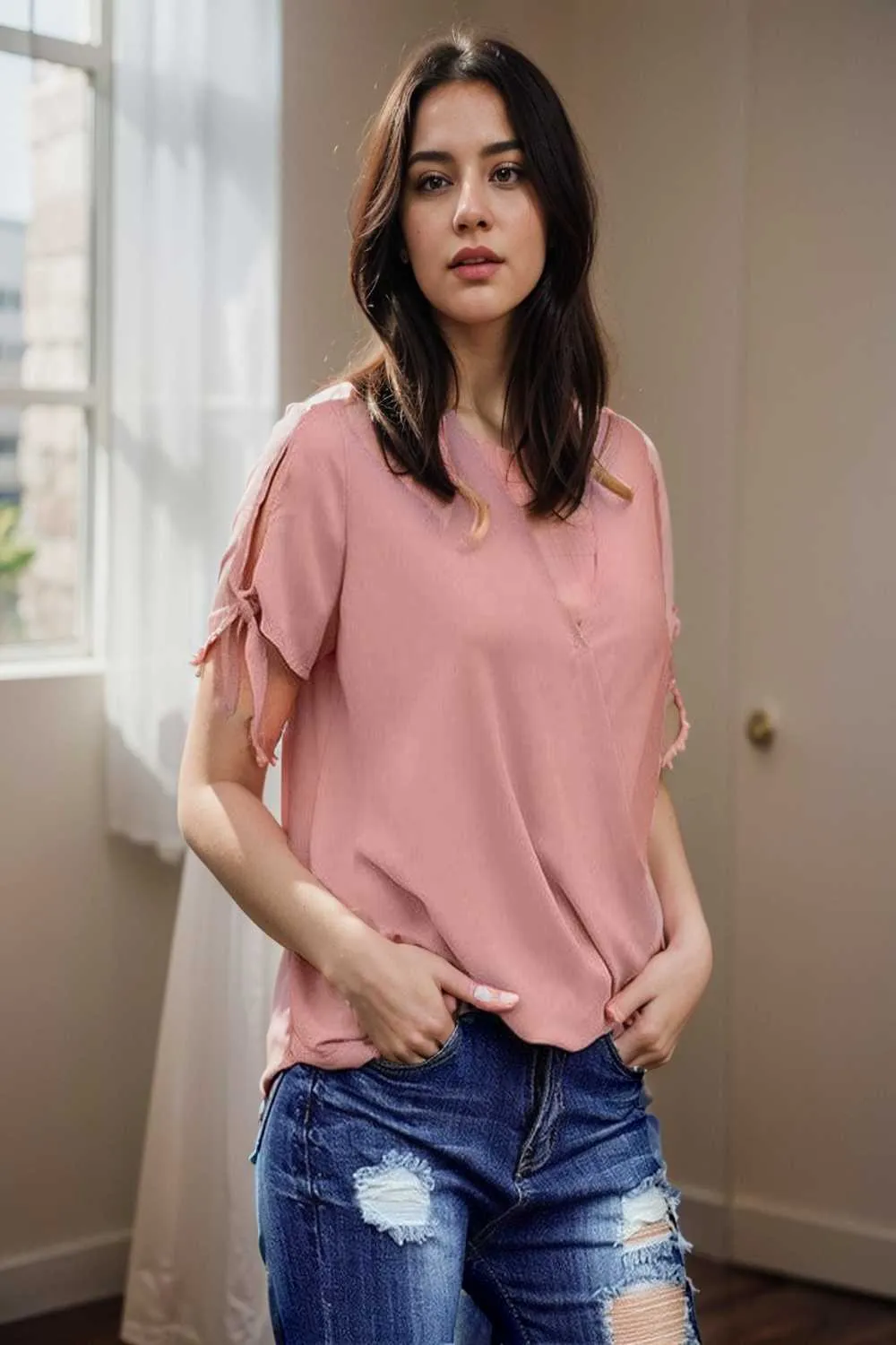 women s blouses loose solid belted long sleeve blouse