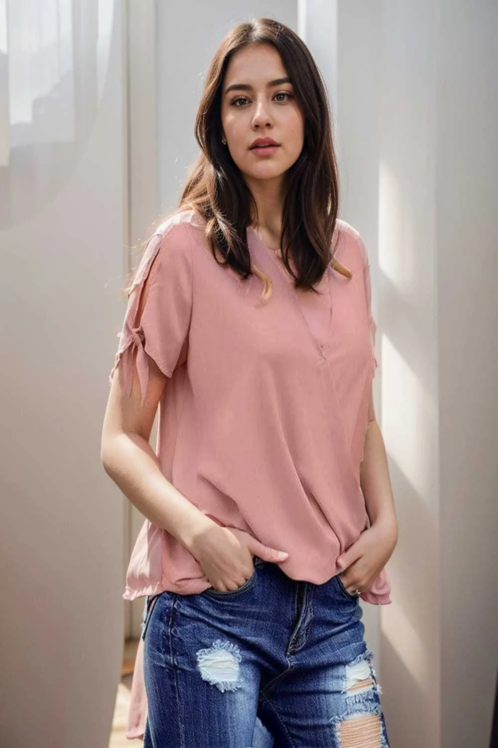 women s blouses loose solid belted long sleeve blouse