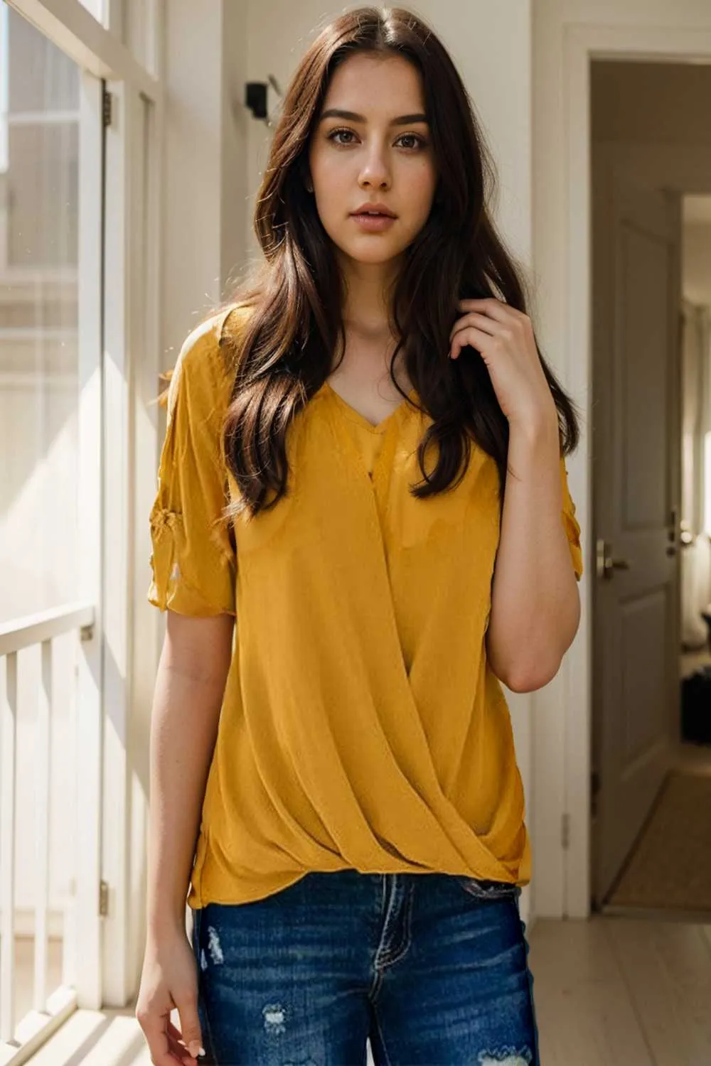 women s blouses loose solid belted long sleeve blouse