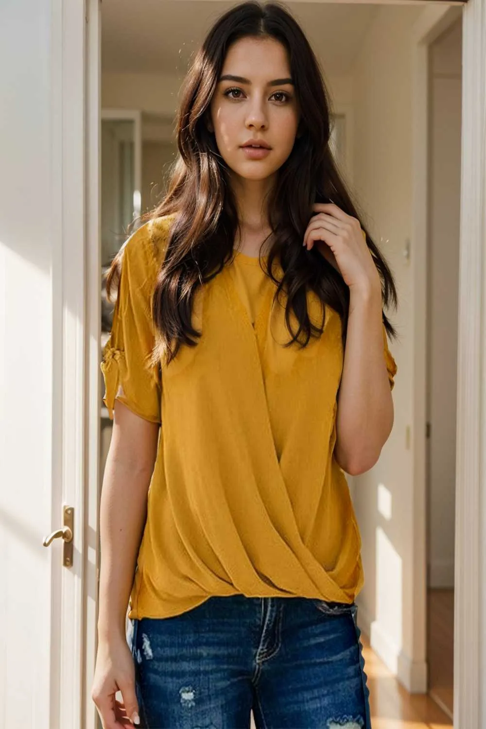 women s blouses loose solid belted long sleeve blouse
