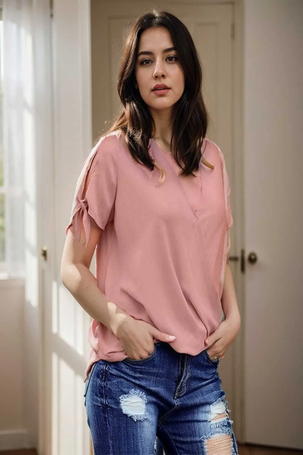 women s blouses loose solid belted long sleeve blouse