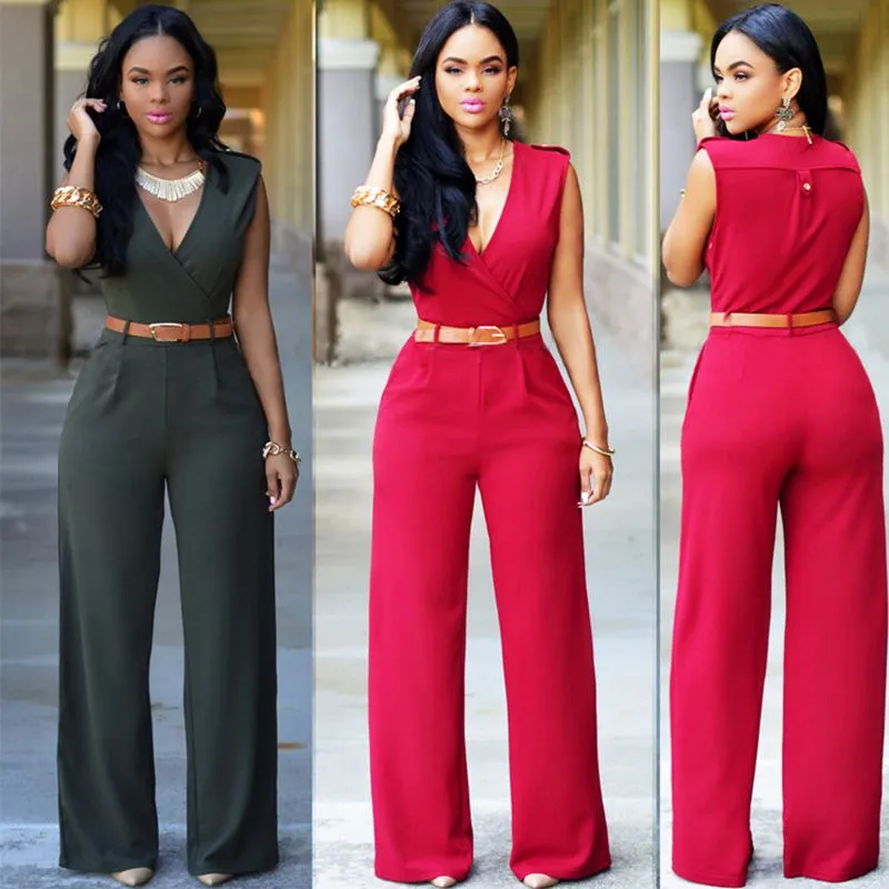 Women Sashes High Waist V-Neck Jumpsuit