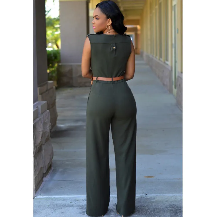 Women Sashes High Waist V-Neck Jumpsuit