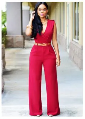 Women Sashes High Waist V-Neck Jumpsuit