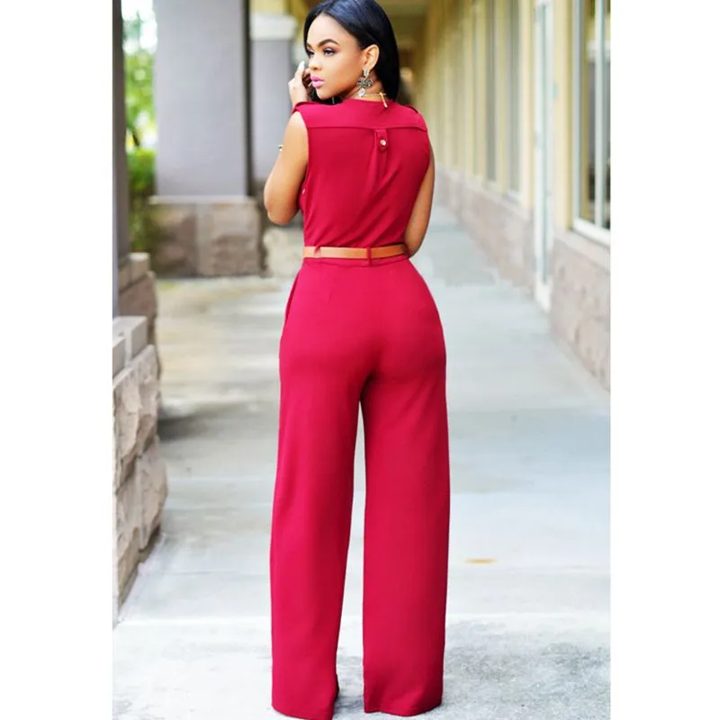 Women Sashes High Waist V-Neck Jumpsuit