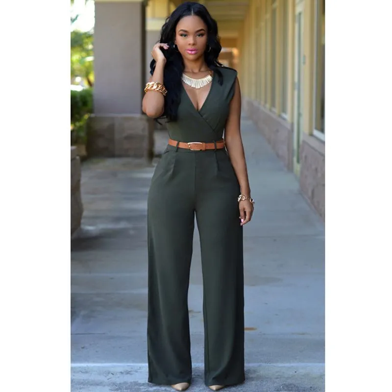 Women Sashes High Waist V-Neck Jumpsuit