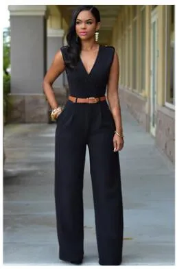 Women Sashes High Waist V-Neck Jumpsuit