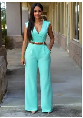 Women Sashes High Waist V-Neck Jumpsuit