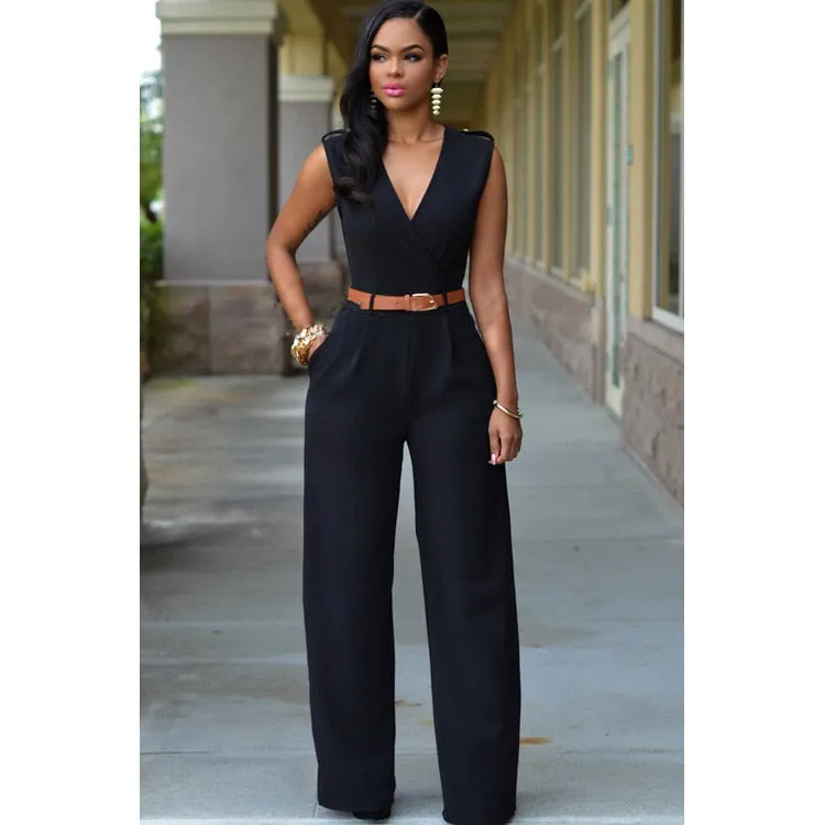 Women Sashes High Waist V-Neck Jumpsuit