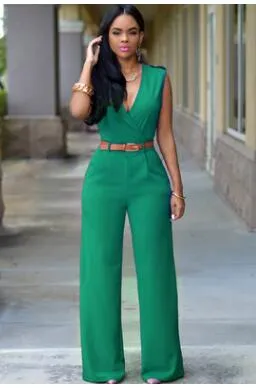 Women Sashes High Waist V-Neck Jumpsuit