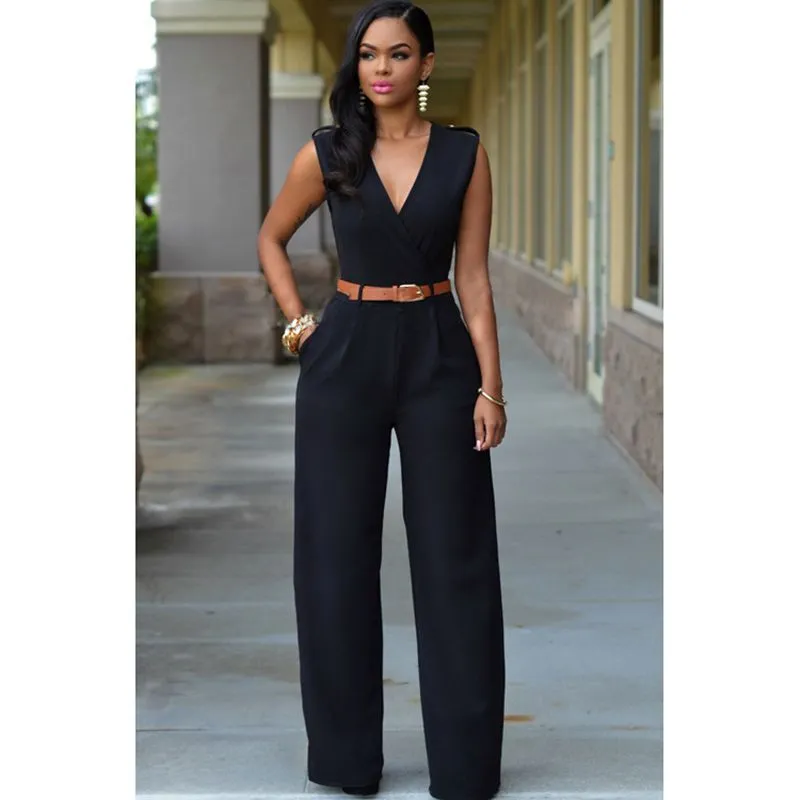 Women Sashes High Waist V-Neck Jumpsuit