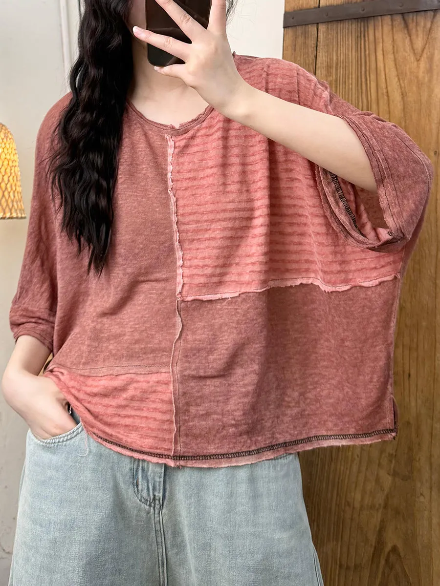 Women Summer Retro Stripe Spliced O-Neck Loose Shirt