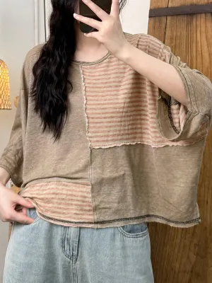 Women Summer Retro Stripe Spliced O-Neck Loose Shirt