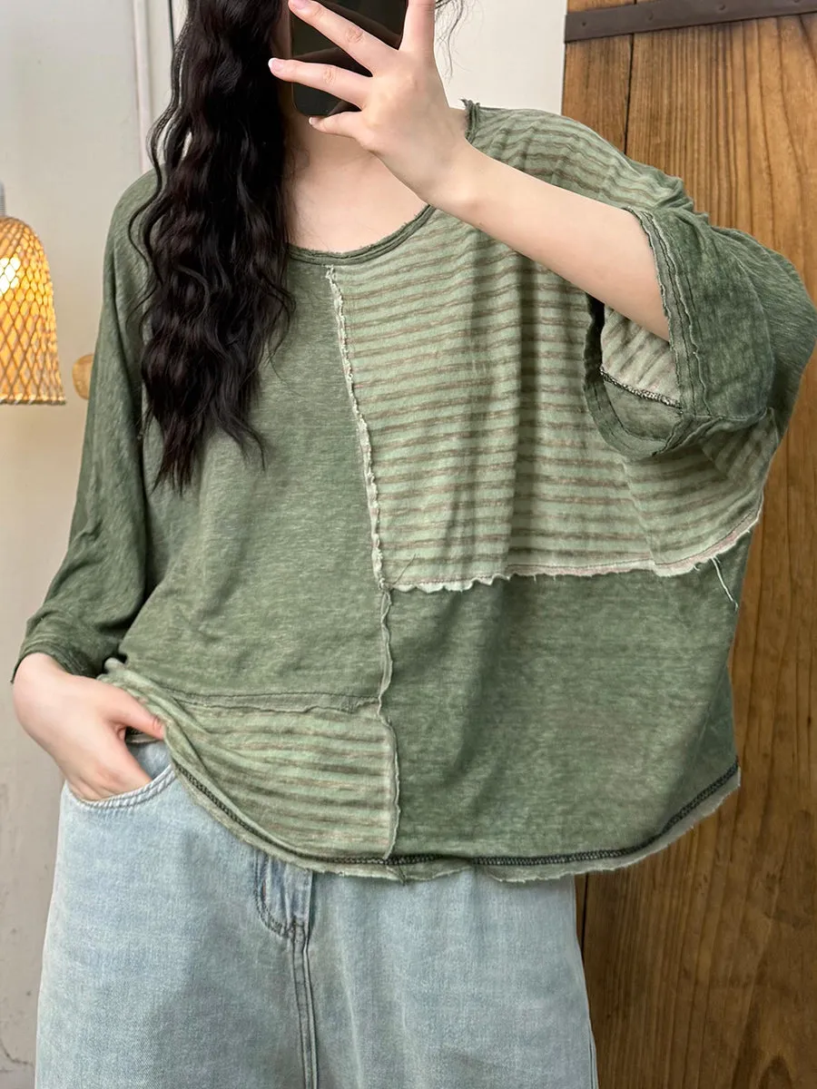 Women Summer Retro Stripe Spliced O-Neck Loose Shirt