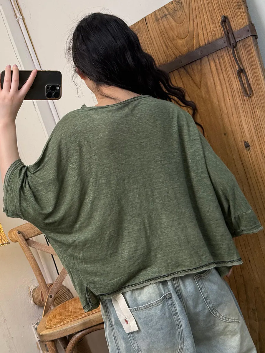 Women Summer Retro Stripe Spliced O-Neck Loose Shirt