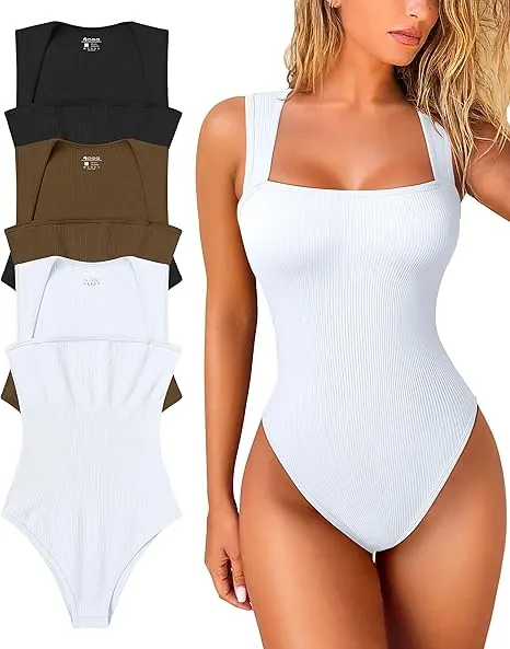 Women'S 3 Piece Bodysuits Sexy Ribbed Strappy Square Neck Sleeveless Body Control Abdomen Tops for Women High Quality Bodysuits
