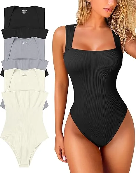 Women'S 3 Piece Bodysuits Sexy Ribbed Strappy Square Neck Sleeveless Body Control Abdomen Tops for Women High Quality Bodysuits