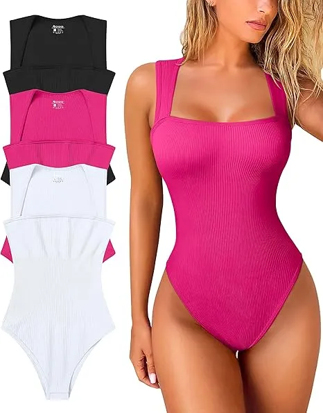 Women'S 3 Piece Bodysuits Sexy Ribbed Strappy Square Neck Sleeveless Body Control Abdomen Tops for Women High Quality Bodysuits