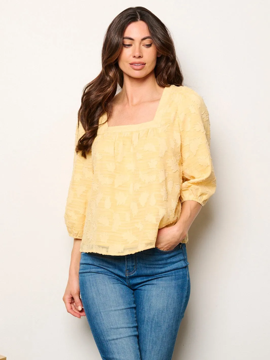 WOMEN'S 3/4 SLEEVES SQUARE NECK DETAILED BLOUSE TOP