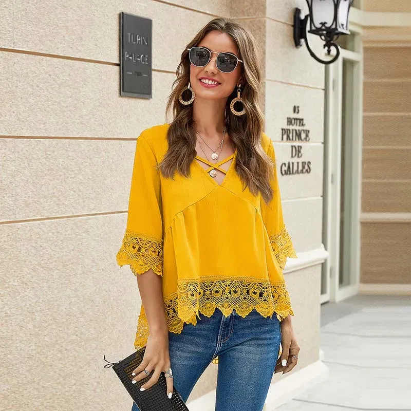 Women's Blouses & Shirts Women Blouse Shirt  Female Sexy Lace Loose V Neck Chiffon Half-Sleeve Hollow Ladies Pullover Tops