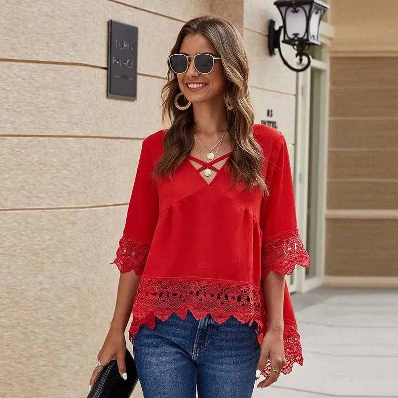 Women's Blouses & Shirts Women Blouse Shirt  Female Sexy Lace Loose V Neck Chiffon Half-Sleeve Hollow Ladies Pullover Tops