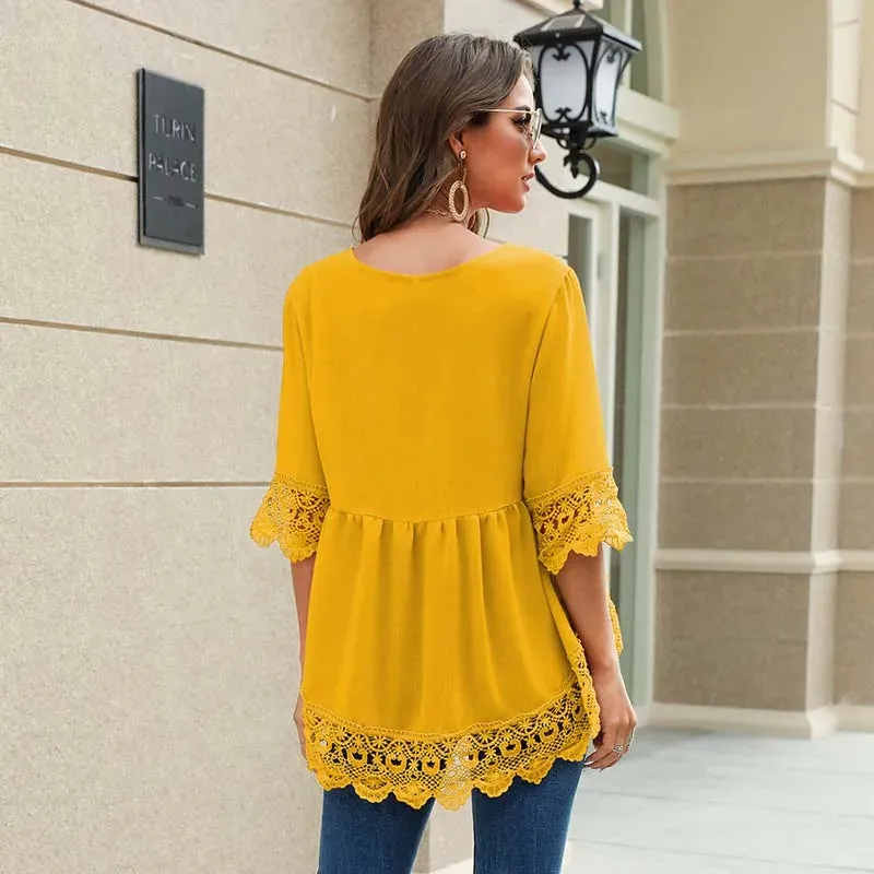 Women's Blouses & Shirts Women Blouse Shirt  Female Sexy Lace Loose V Neck Chiffon Half-Sleeve Hollow Ladies Pullover Tops