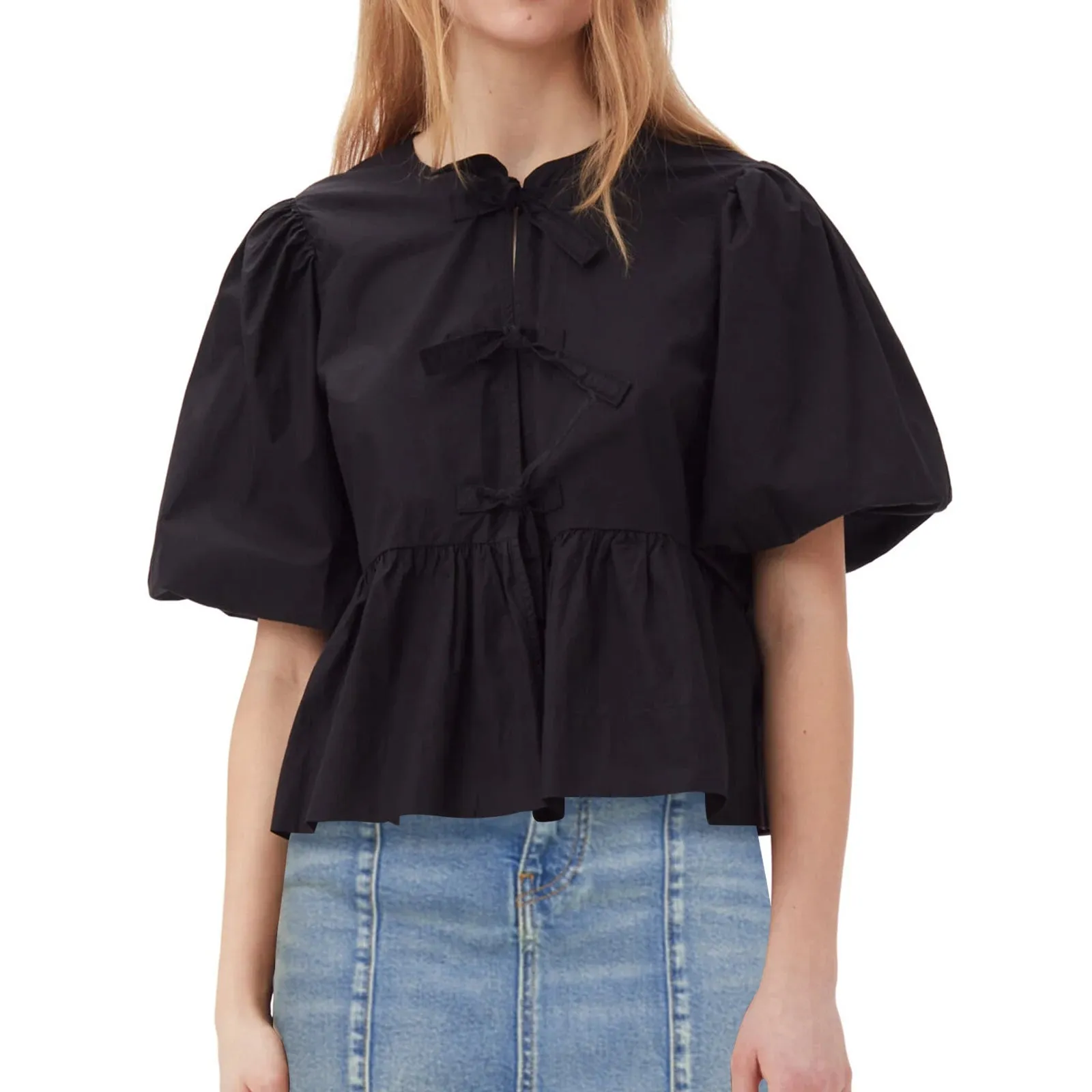 Women's Blouses Stripe Print Short Puff Sleeve Tie Front Loose Tops Shirts Streetwear