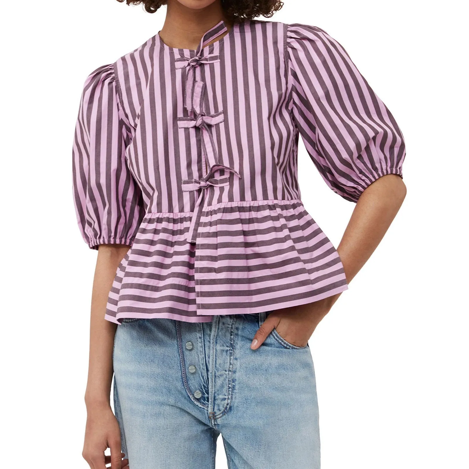 Women's Blouses Stripe Print Short Puff Sleeve Tie Front Loose Tops Shirts Streetwear
