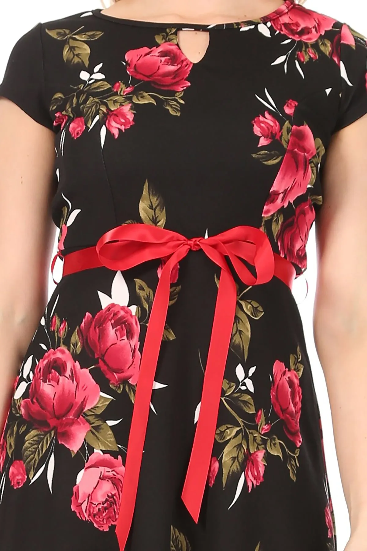 Women's Casual Floral Flared A Line Swing Dresses Short Sleeve With Belt Trim