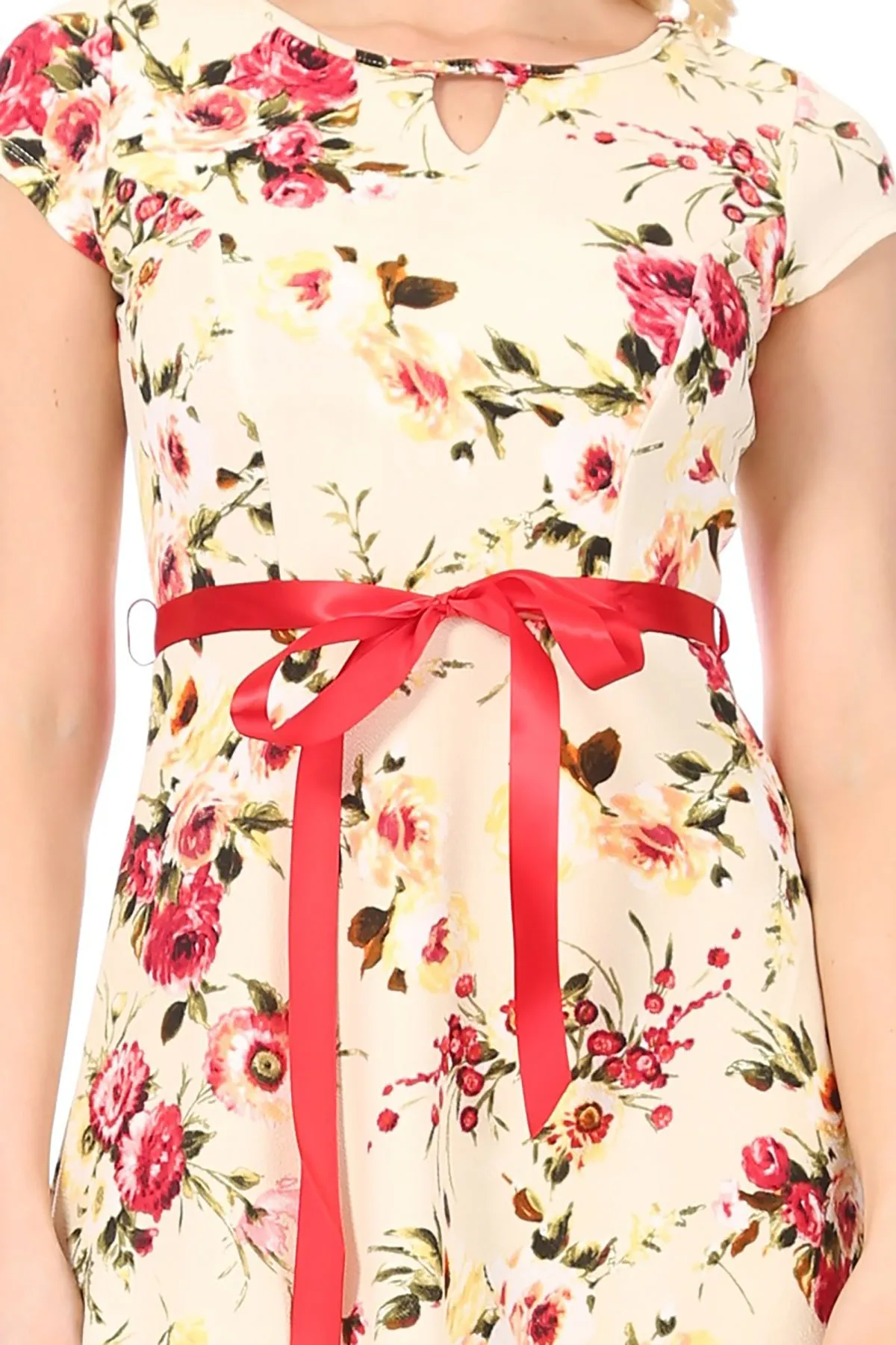 Women's Casual Floral Flared A Line Swing Dresses Short Sleeve With Belt Trim