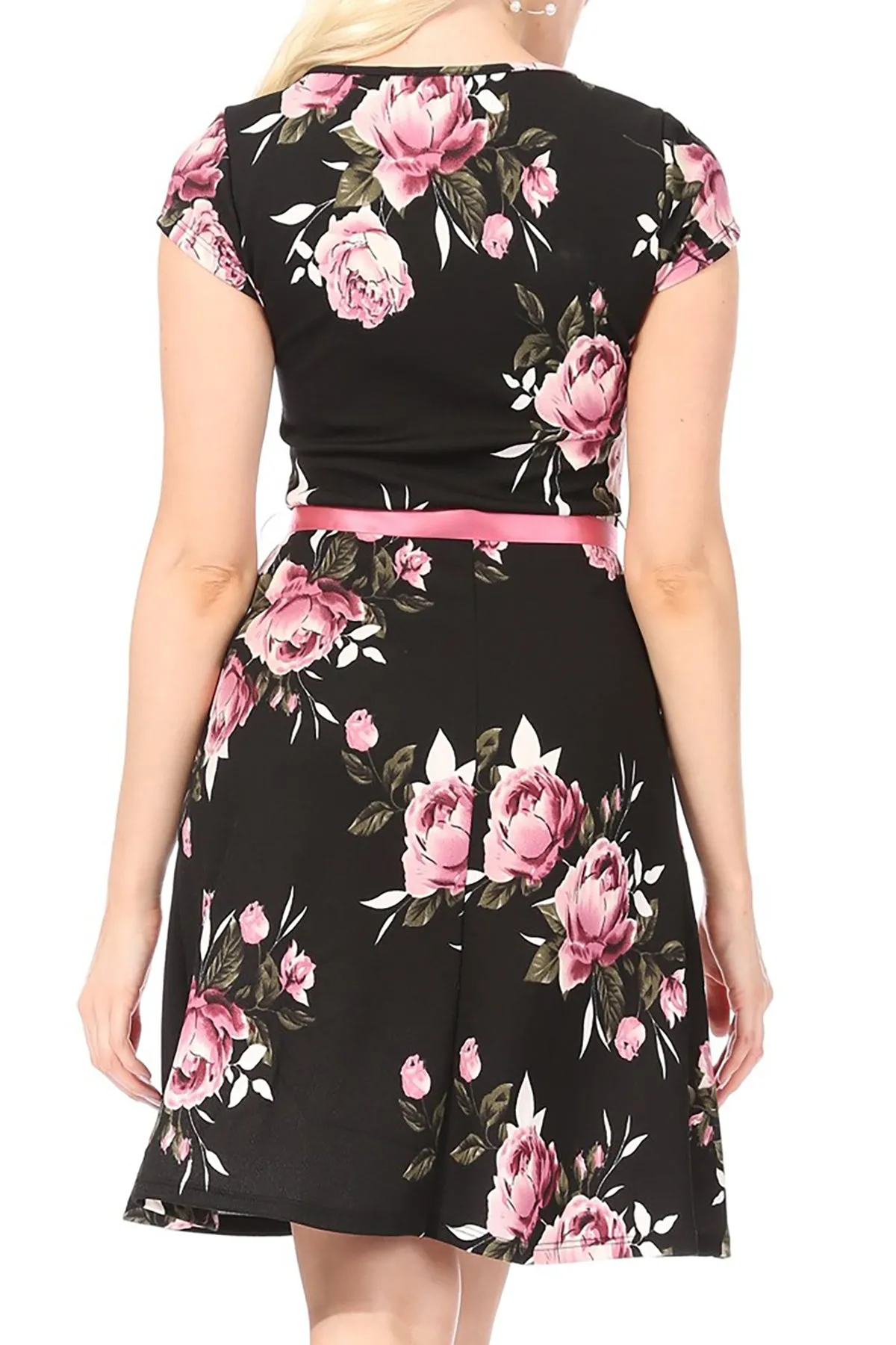 Women's Casual Floral Flared A Line Swing Dresses Short Sleeve With Belt Trim