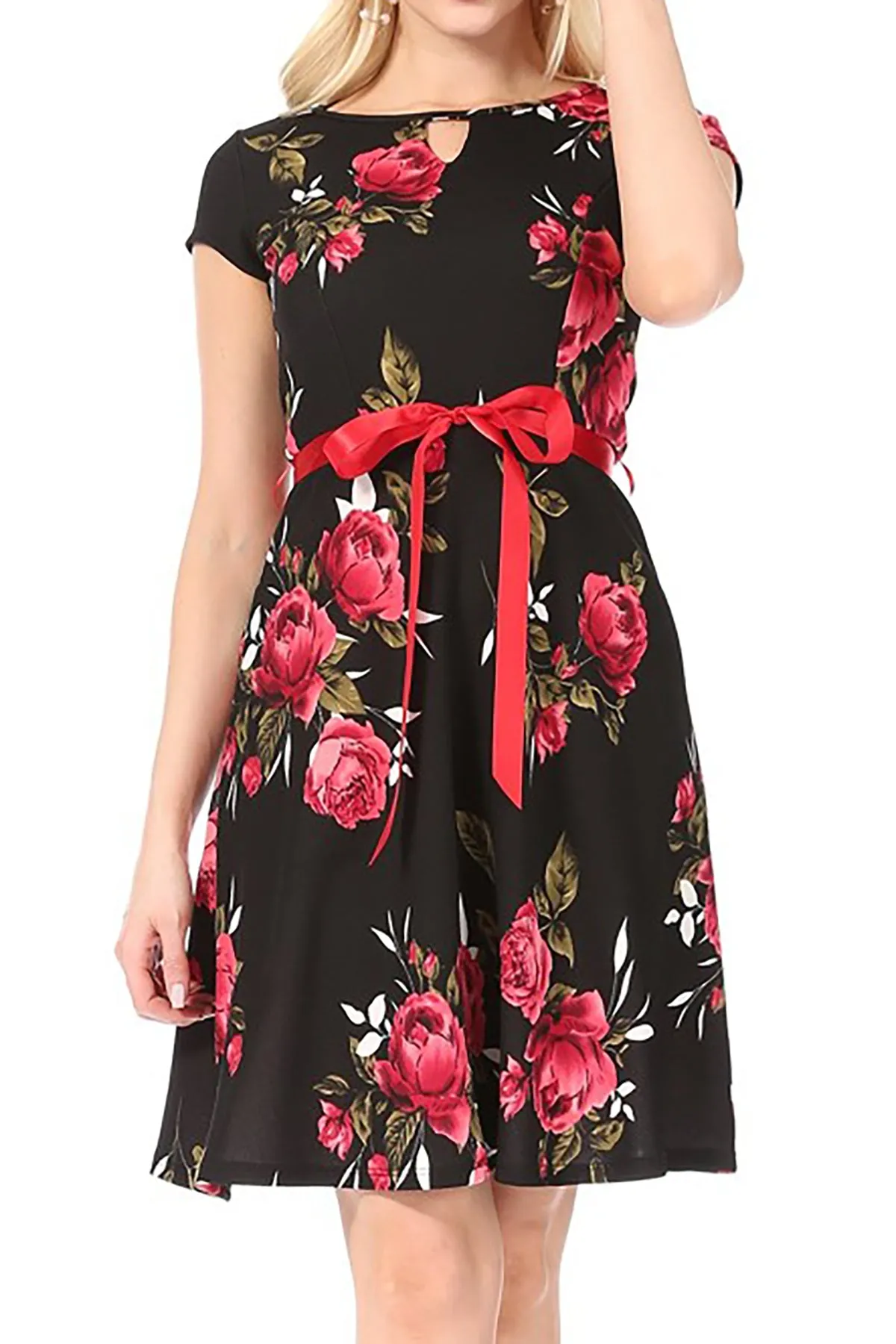 Women's Casual Floral Flared A Line Swing Dresses Short Sleeve With Belt Trim